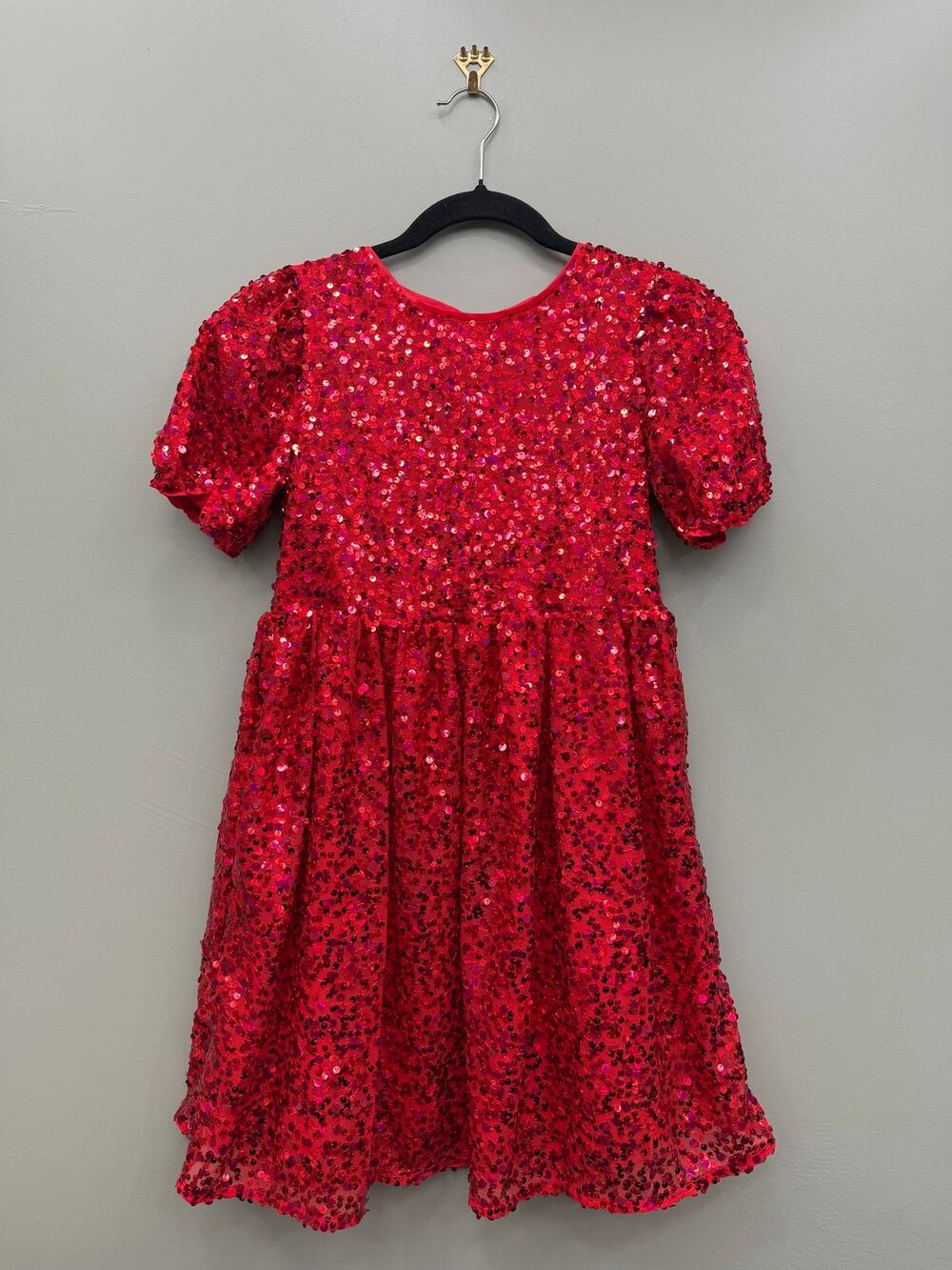 Cat & Jack Girls 10/12 Red Sequin Party Dress Puff Sleeve Holiday